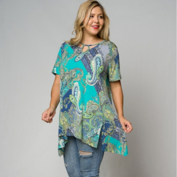 Crepas Tops - Paisley Blues & Greens with decorative neckline